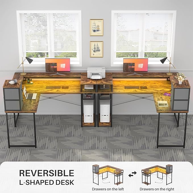 armocity L Shaped Desk with Drawers, Reversible Corner Computer Desk with LED Light & Power Outlet, 55.2'' L-Shaped Gaming Desk with Long Monitor Shelf, Home Office Desk for Small Corner Space, Rustic - LeafyLoom