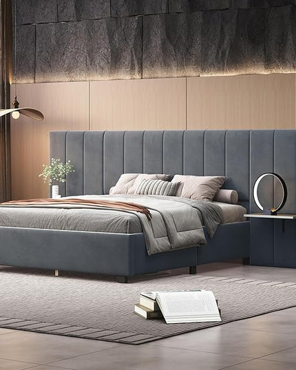 Queen Upholstered Platform Bed Frame with Extended Headboard and and Two Shelves, Velvet Bed, No Box Spring Needed, Gray - LeafyLoom