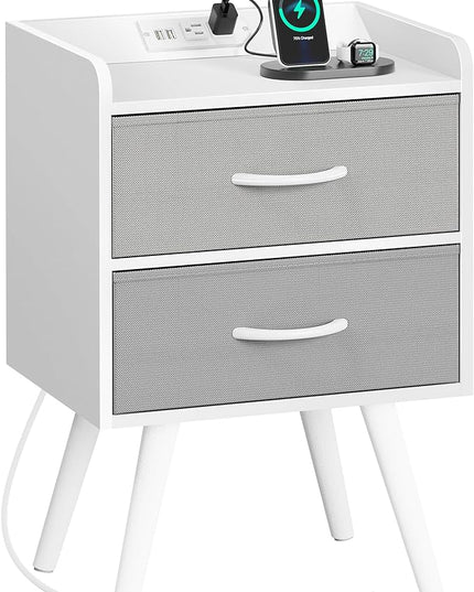 Night Stand with Charger Station, Nightstand with Drawers, Bedside Table, End Table with Solid Wood Feet, White Nightstand, Side Tables for Bedroom - LeafyLoom