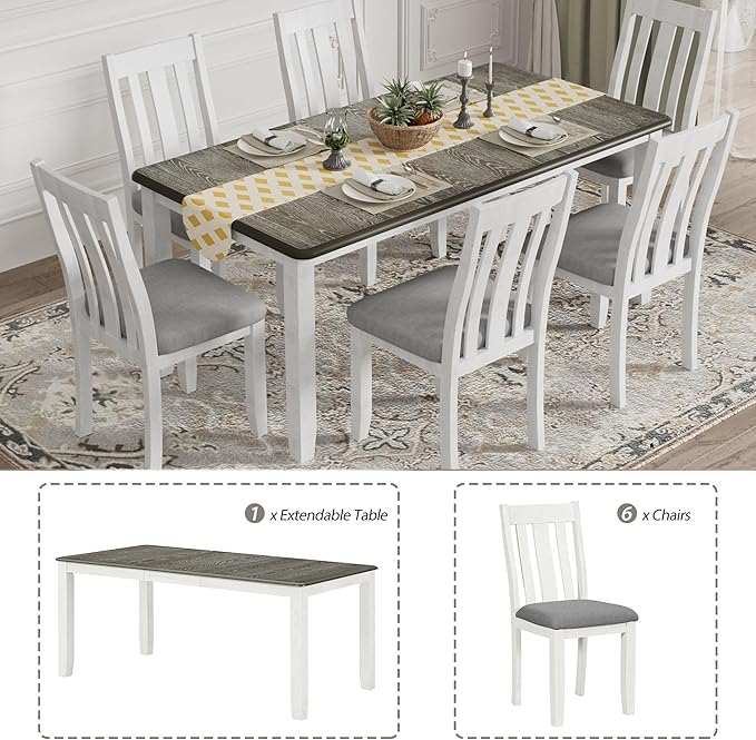 Retro Style 7-Piece Dining Set with Solid Wood Extendable Table and 6 Upholstered Chairs, for Kitchen, Living Room, Home Bar, Easy to Assemble, Gray+ Brown+White - LeafyLoom