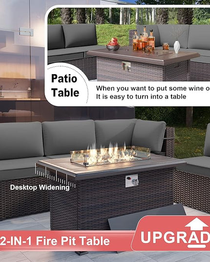 Patio Furniture Sectional Sofa Set 10-Pieces PE Rattan Patio Conversation Set w/43in Gas Fire Pit Table, Outdoor Furniture with 55000 BTU Propane Fire Pit, Grey - LeafyLoom