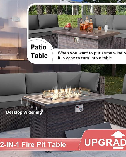 Patio Furniture Set with Fire Pit Table 13-Pieces Outdoor Sectional Furniture Outdoor Rattan Patio Conversation Sets with 43in 55,000 BTU Propane Gas Fire Pit Table Glass Table, Grey - LeafyLoom