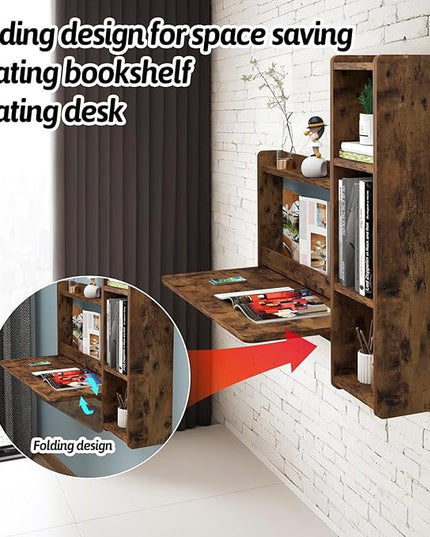 Pmnianhua Farmhouse Floating Desk,41''Wall Mounted Desk,L Shaped Folding Table,Fold Down Laptop Computer Table with Storage for Wall Bedroom Small Space (Rustic Brown-Right) - LeafyLoom