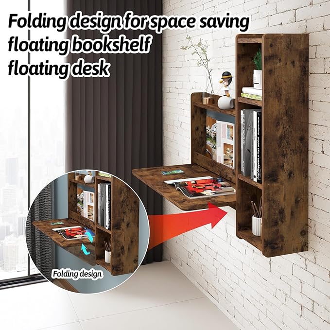 Pmnianhua Farmhouse Floating Desk,41''Wall Mounted Desk,L Shaped Folding Table,Fold Down Laptop Computer Table with Storage for Wall Bedroom Small Space (Rustic Brown-Right) - LeafyLoom