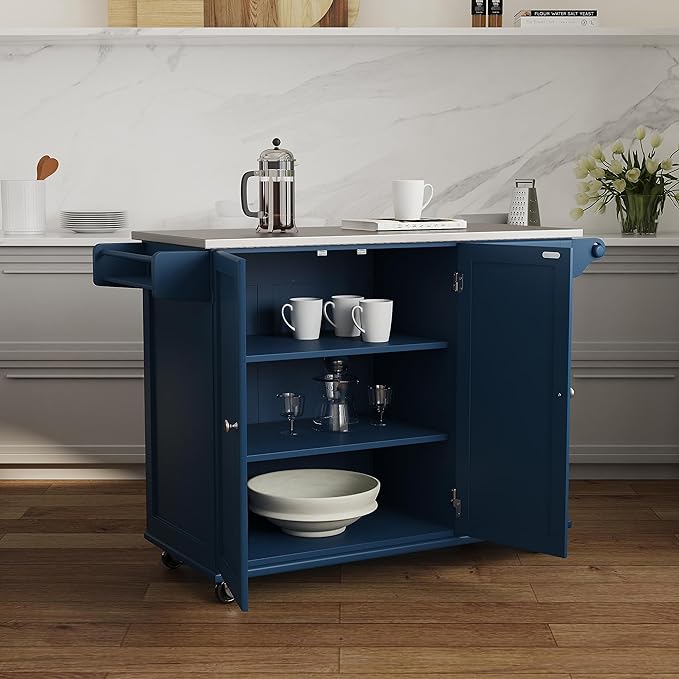 Homestyles Mobile Kitchen Island Cart with Stainless Steel Top, Blue - LeafyLoom