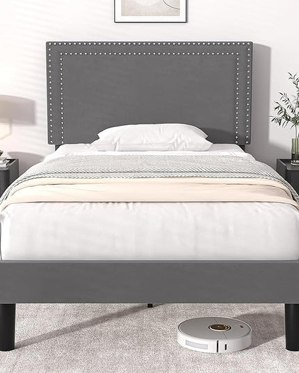 VECELO Twin Size Platform Bed Frame with Height Adjustable Upholstered Headboard, Modern Mattress Foundation,Strong Wood Slat Support, No Box Spring Needed, Easy Assembly - LeafyLoom