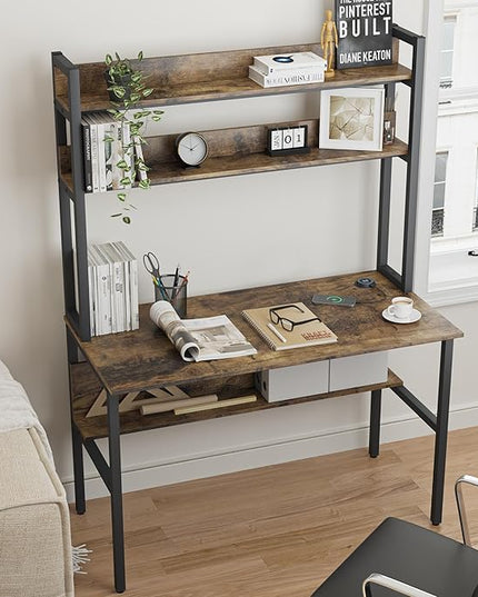 47 Inch Computer Desk with Desktop Wireless Charger, Home Office Desk with Bookshelf, Writing Desk with Storage Shelves for Home Office, Craft Table with Hutch Rustic - LeafyLoom