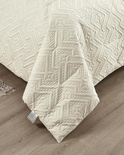 WONGS BEDDING Beige Comforter Set Queen Size(90"×90"), Reversible Boho Geometric Textured Bedding Comforter Sets - 3 Pieces Soft Microfiber Ultrasonic Bedding with 2 Pillowcases - LeafyLoom