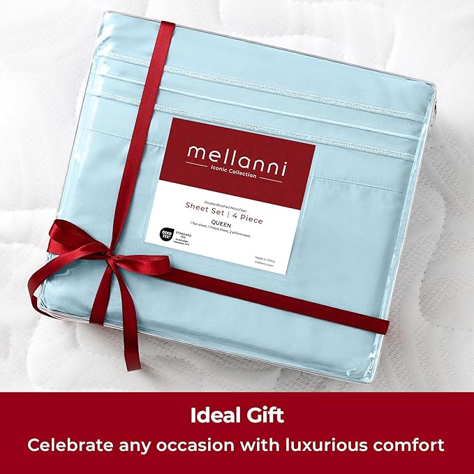 Mellanni Extra Deep Split King Sheets - 5 PC Iconic Collection Bedding Sheets & Pillowcases - Hotel Luxury, Ultra Soft, Cooling Bed Sheets - Extra Deep Pocket up to 21 inch (Split King, Aqua) - LeafyLoom