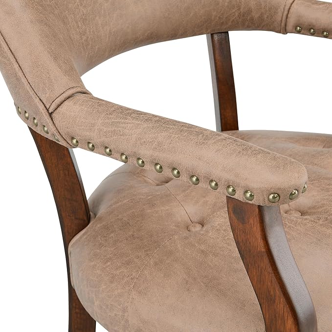 Dining Chairs with Casters and Arms, Rolling Dining Chairs with Wheels, Solid Wood Office Desk Chairs, 26“Dx25.2 Wx31.5“H, Cherry Legs & Yellowish Brown Fabric SY-1533-LT - LeafyLoom