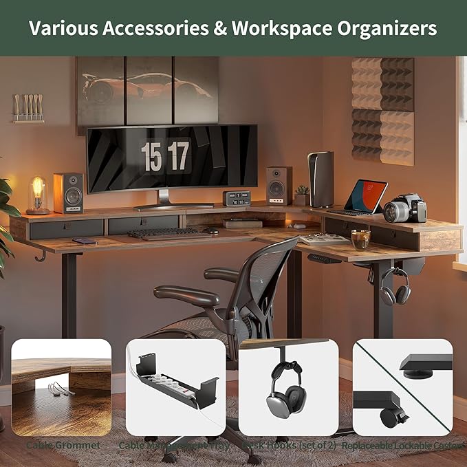 FEZIBO 63" L Shaped Standing Desk with 4 Drawers, Electric Standing Gaming Desk Adjustable Height, Corner Stand up Desk with Splice Board, Black Frame/Rustic Brown Top - LeafyLoom