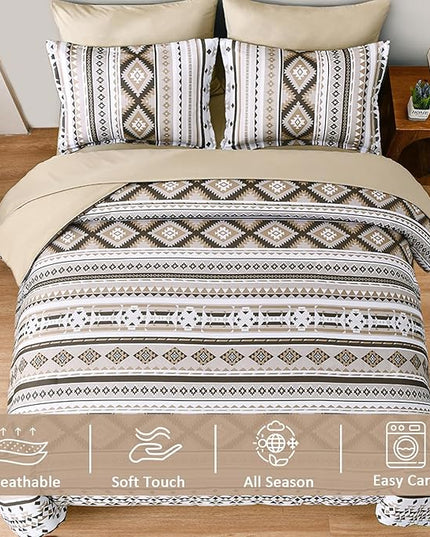 Dinjoy Khaki Aztec Comforter Set Queen Size,7 Pieces Bed in a Bag Queen Beige Boho Bedding Sets with Sheets Bohemian Geometric Striped Complete Set for All Seasons 90"x90" - LeafyLoom