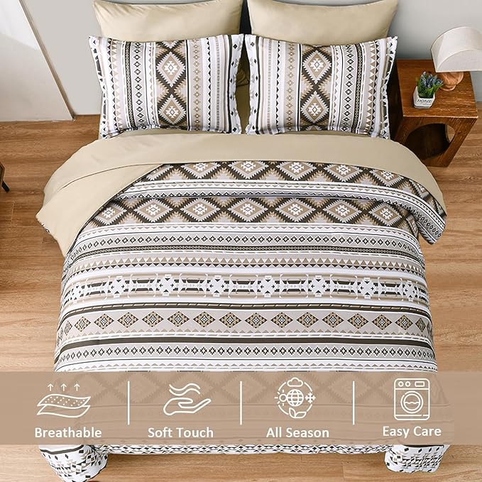Dinjoy Khaki Aztec Comforter Set Queen Size,7 Pieces Bed in a Bag Queen Beige Boho Bedding Sets with Sheets Bohemian Geometric Striped Complete Set for All Seasons 90"x90" - LeafyLoom