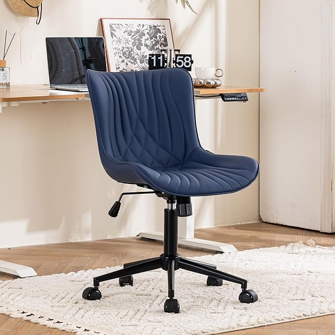 YOUTASTE Office Chair Modern Armless Desk Chair with Wheels, Height Adjustable Swivel Rocking Computer Gaming Task Chair, Upholstered Faux Leather Sewing Chair with Ergonomic Back, Navy Purple - LeafyLoom