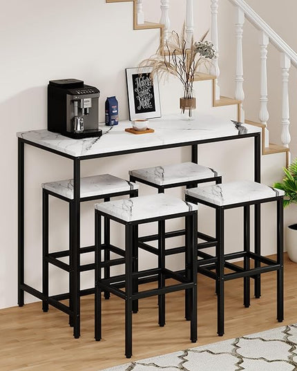 Yongchuang 5 Piece Bar Table Set, Kitchen Bar Table and Chairs Set of 4, Modern Metal Counter Height Table with Stools for Dining Room, Living Room Breakfast Table White Faux Marble Wood Top - LeafyLoom