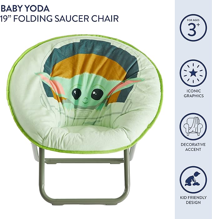 Idea Nuova Disney Star Wars The Mandalorian, Grogu aka The Child Toddler 19” Folding Saucer Chair with Cushion, Polyester, Ages 3+ - LeafyLoom