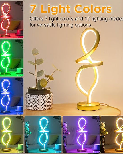 Modern Table Lamp,RGB Table Lamp，LED Spiral Lamp, Gold Bedside Lamp with 7 Colors 10 Light Modes, Touch Dimmable Nightstand Lamp for Bedroom Living Room Home Office, 15W - LeafyLoom