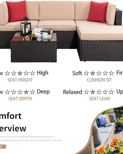 Shintenchi 5 Pieces Patio Furniture Sets Outdoor All-Weather Sectional Patio Sofa Set PE Rattan Manual Weaving Wicker Patio Conversation Set with Glass Table&Ottoman Cushion and Red Pillows - LeafyLoom