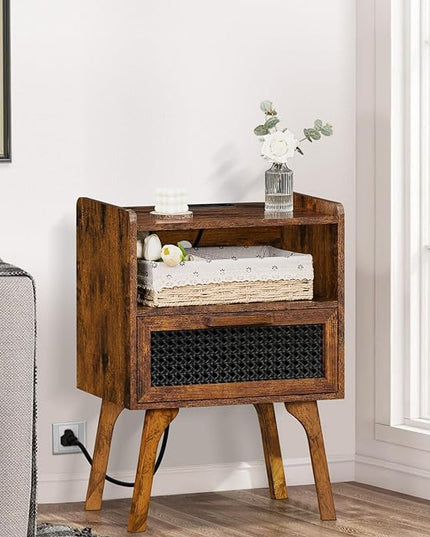 Lerliuo Rattan Nightstand with Charging Station, Side Table with Drawer Open Shelf, Cane Accent Bedside End Table with Solid Wood Legs, Night Stand for Bedroom, Dorm and Small Spaces (Brown) - LeafyLoom