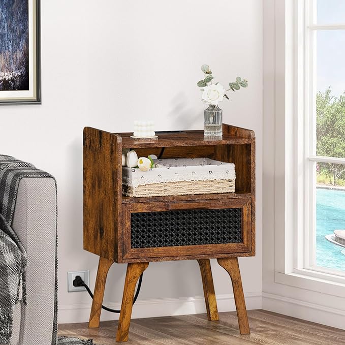 Lerliuo Rattan Nightstand with Charging Station, Side Table with Drawer Open Shelf, Cane Accent Bedside End Table with Solid Wood Legs, Night Stand for Bedroom, Dorm and Small Spaces (Brown) - LeafyLoom
