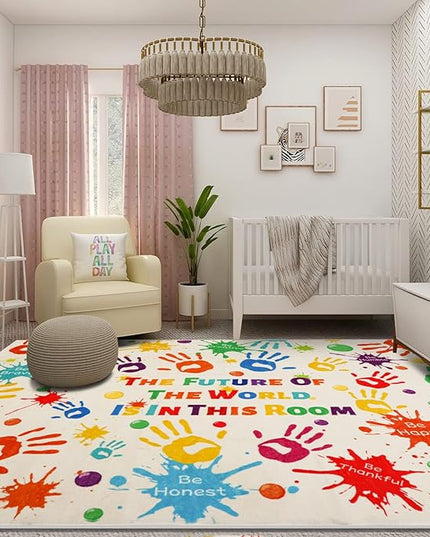 Colorful Kids Rug, Washable Rug for Kids, Handprints Area Rugs for Kids Bedroom, Non-Slip Play Mat Ultra Soft Thick Indoor Plush Rugs for Playroom Classroom Nursery Decor (78.7 X 59 INCH) - LeafyLoom