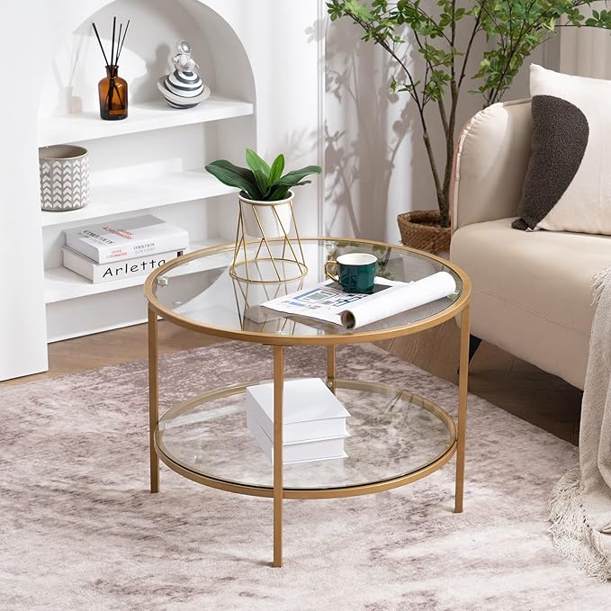 VINGLI 25.6" Round Gold Coffee Tables for Living Room, 2-Tier Glass Top Coffee Table with Storage Clear Coffee , Simple & Modern Center Table for Small Space - LeafyLoom