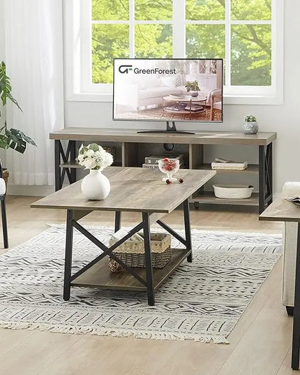 GreenForest Coffee Table Large 43.3 x 23.6 inch Rustic Farmhouse with Storage Shelf for Living Room, Easy Assembly, Grey WASH - LeafyLoom