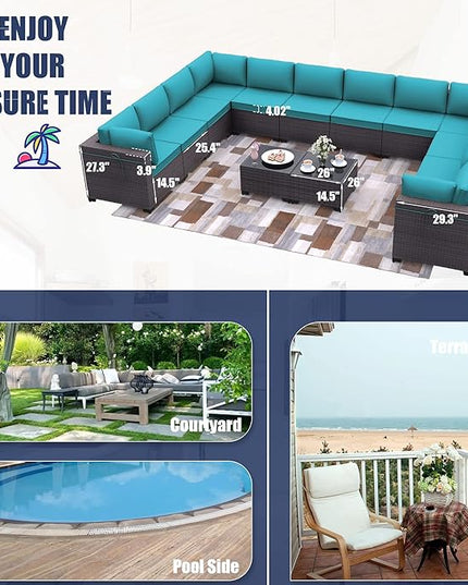 Patio Furniture Set 14-Pieces Outdoor Furniture for Backyard Wicker Sectional Sofa Set, Rattan Patio Conversation Set with Thickened Cushions and Glass Coffee Table, Blue - LeafyLoom