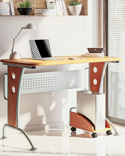 TECHNI MOBILI Modern Computer Desk With Mobile CPU Caddy. Color: Dark Honey - LeafyLoom