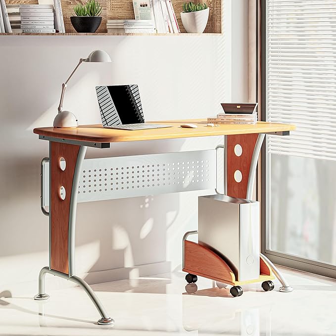 TECHNI MOBILI Modern Computer Desk With Mobile CPU Caddy. Color: Dark Honey - LeafyLoom