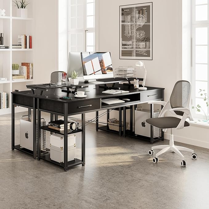 ODK Computer Desk with Drawers & Power Outlet, 63 Inch Office Desk with Keyboard Tray & Storage Shelves & PC Stand, Large Office Table Work Desk with Monitor Stand, Black - LeafyLoom