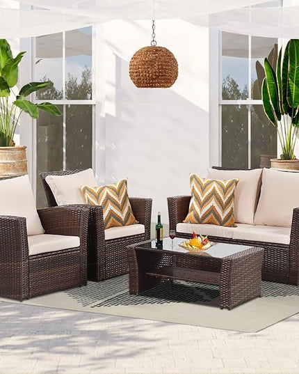4 Piece Patio Furniture Sets, All-Weather Wicker Conversation Sets, Outdoor Rattan Sectional Sofa Chair with Cushions and Coffee Table for Balcony, Garden, Backyard, Brown - LeafyLoom
