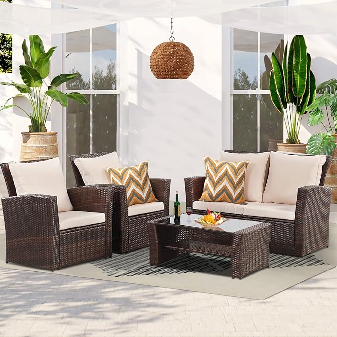4 Piece Patio Furniture Sets, All-Weather Wicker Conversation Sets, Outdoor Rattan Sectional Sofa Chair with Cushions and Coffee Table for Balcony, Garden, Backyard, Brown - LeafyLoom