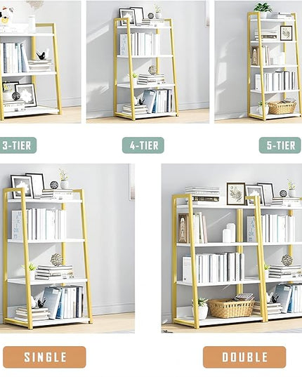 IOTXY 4 Tier Open Bookshelf - Steel and Wood Display Stand, 50CM Width Floor-Standing Bookcase, Gold - LeafyLoom