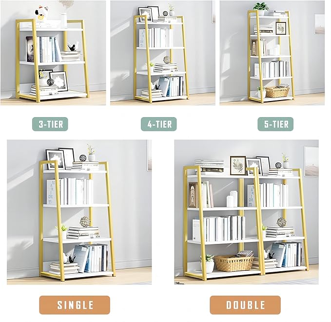 IOTXY 4 Tier Open Bookshelf - Steel and Wood Display Stand, 50CM Width Floor-Standing Bookcase, Gold - LeafyLoom