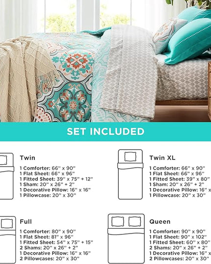 Degrees of Comfort Boho Bed in a Bag Queen Size, Lattice 8 Piece Complete Comforter Set with Sheet for Teenage Girl, Microfiber Teal Bedding Set with Side Pockets, Matching Decorative Pillow, Aqua - LeafyLoom
