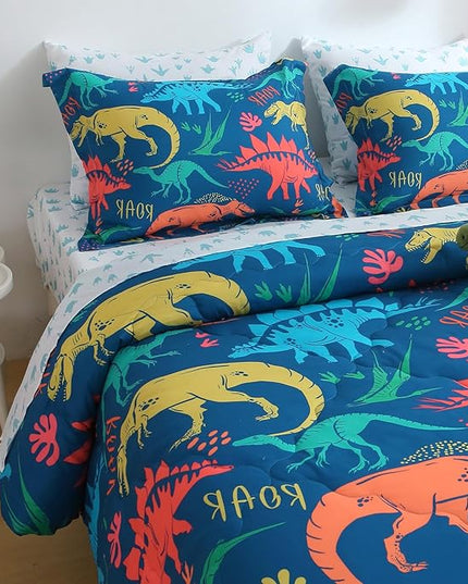 Wajade Boys Dinosaur Comforter Set Bed in A Bag Queen Size 7 Piece 3D Blue Dinosaur Print Bedding Set for Kids Teens(1 Comforter, 1 Flat Sheet, 1 Fitted Sheet, 2 Pillowcase and 2 Pillow Sham) - LeafyLoom