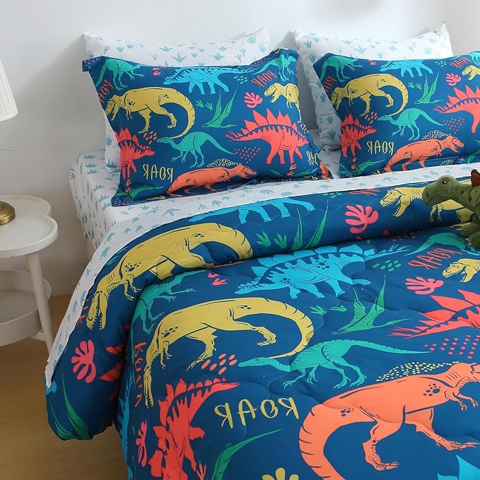 Wajade Boys Dinosaur Comforter Set Bed in A Bag Queen Size 7 Piece 3D Blue Dinosaur Print Bedding Set for Kids Teens(1 Comforter, 1 Flat Sheet, 1 Fitted Sheet, 2 Pillowcase and 2 Pillow Sham) - LeafyLoom