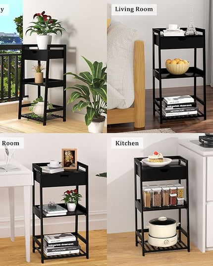 Bathroom Shelves, 3 Tier Ladder Shelf with Drawers, Bamboo Bookshelf Open Shelving, Nightstand Bookcase End Table Plant Stand for Living Room, Bedroom, Bathroom, Kitchen - LeafyLoom