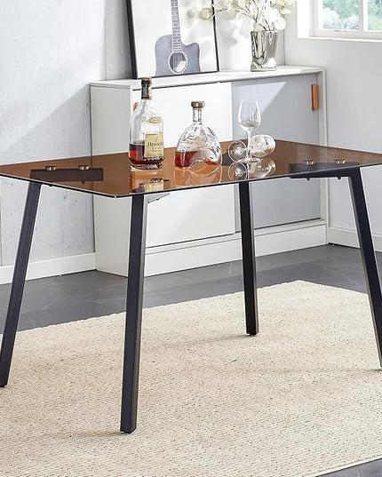 NicBex Modern Minimalist Style Rectangular Tea Brown Glass Dining Table Tempered Glass Tabletop and Black Metal Legs Suitable for Kitchen, Dining Room and Living Room, Dark Brown - LeafyLoom