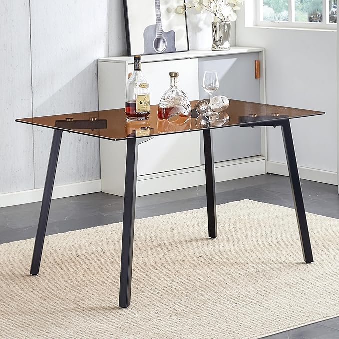 NicBex Modern Minimalist Style Rectangular Tea Brown Glass Dining Table Tempered Glass Tabletop and Black Metal Legs Suitable for Kitchen, Dining Room and Living Room, Dark Brown - LeafyLoom