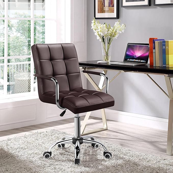 Yaheetech Office Desk Chair PU Leather Mid-Back Task Chair Executive Chair Modern Adjustable Home Office Chair Swivel Chair with Smooth Casters Brown - LeafyLoom