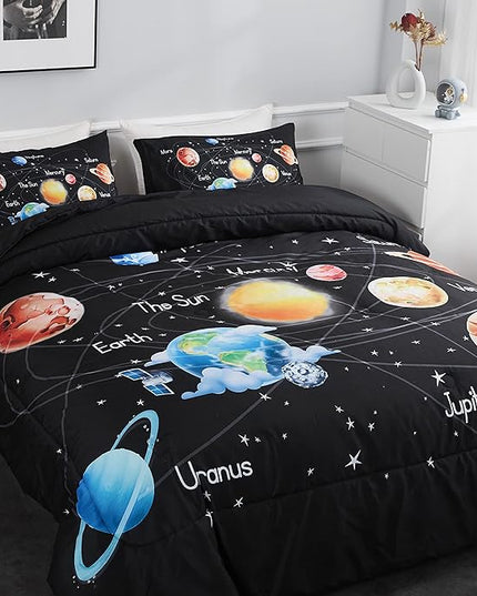 Solar System Comforter Set Queen Universe Planets Theme Bedding Set 3 Pieces 1 Space Comforter and 2 Pillow Shams for Boys Girls Kids Ultra-Soft Microfiber All Seasons for Bedroom Sofa - LeafyLoom