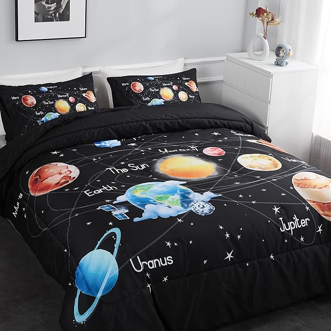 Solar System Comforter Set Queen Universe Planets Theme Bedding Set 3 Pieces 1 Space Comforter and 2 Pillow Shams for Boys Girls Kids Ultra-Soft Microfiber All Seasons for Bedroom Sofa - LeafyLoom