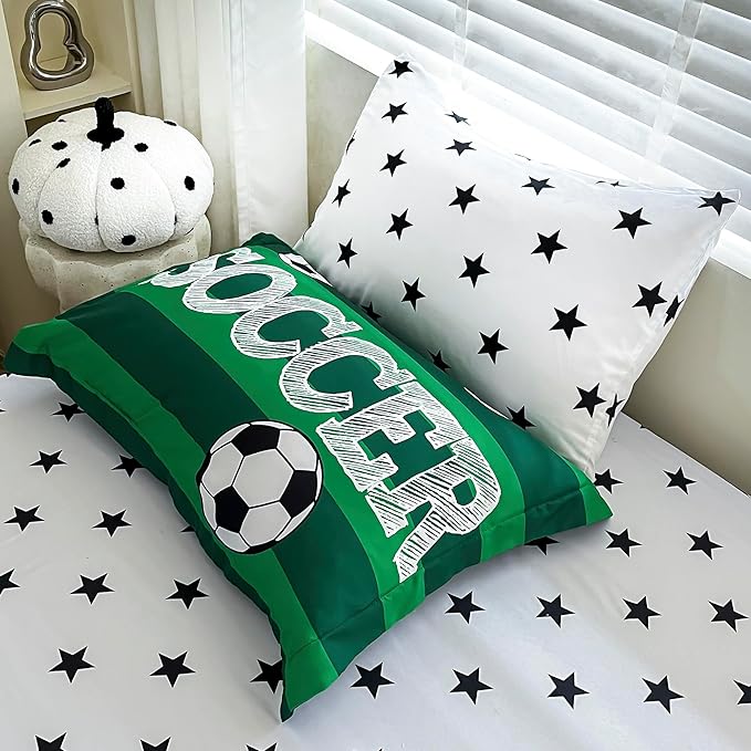 7 Piece Boys Soccer Comforter Set Queen Size Bed in A Bag 3D Football Playground Sports Bedding Set for Kids Microfiber Comforter All Season Green - LeafyLoom