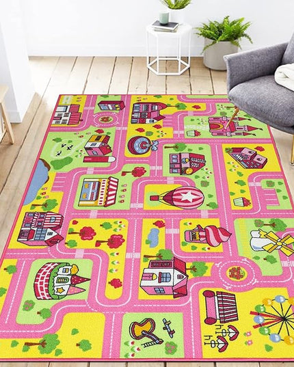 Capslpad Kid Rug for Playroom Pink Play Rug Traffic Road Car Play Mat 5.2x3.3 ft Educational Learning Area Rug Washable Kids Carpet for Children Girls Bedroom,Playroom,Nursery Room Decor - LeafyLoom