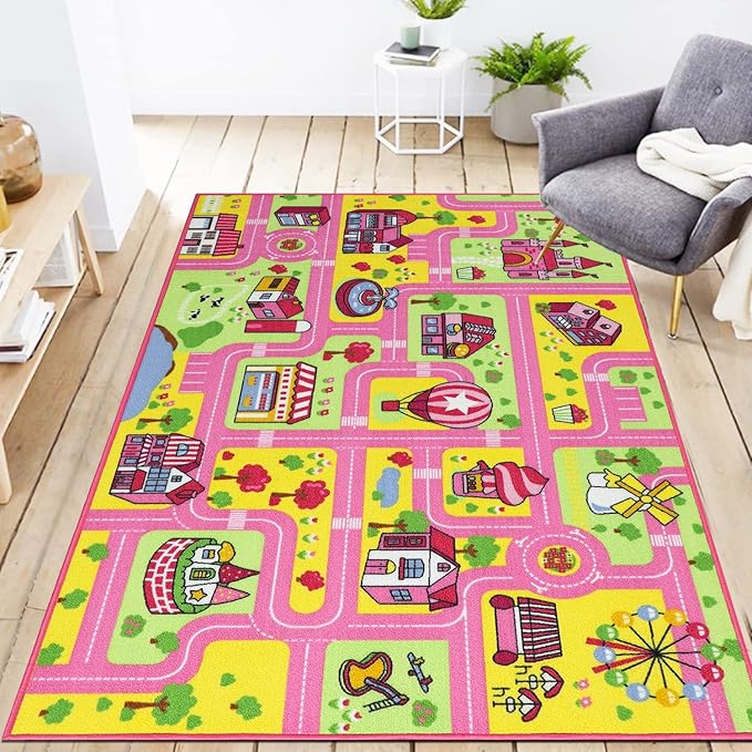 Capslpad Kid Rug for Playroom Pink Play Rug Traffic Road Car Play Mat 5.2x3.3 ft Educational Learning Area Rug Washable Kids Carpet for Children Girls Bedroom,Playroom,Nursery Room Decor - LeafyLoom