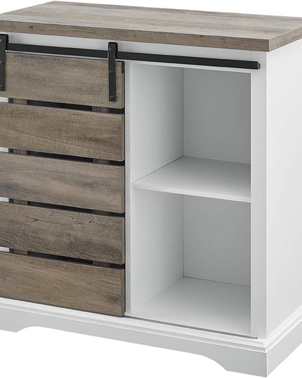 Walker Edison Willa Modern Farmhouse Sliding Single Slat Door Storage Console, 32 Inch, White and Grey Wash - LeafyLoom