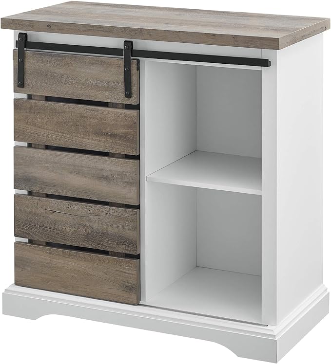 Walker Edison Willa Modern Farmhouse Sliding Single Slat Door Storage Console, 32 Inch, White and Grey Wash - LeafyLoom