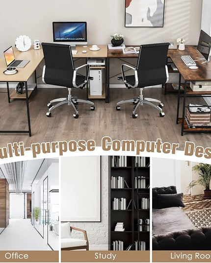 L-Shaped Home Office Desk, Corner Computer Desk w/Monitor Stand, Reversible PC Desk w/Heavy-Duty Metal Frame, Long Office Desk for 2 Person, Space-Saving Design (Natural) - LeafyLoom